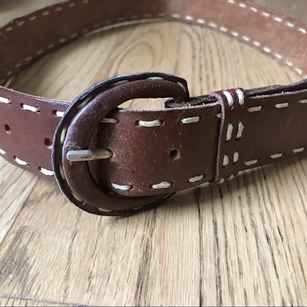 Vintage brown leather belt with stitching made in India.